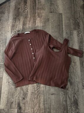 Abercrombie & Fitch Ribbed Button-Front Top and Tank Set - Brown - Size Large